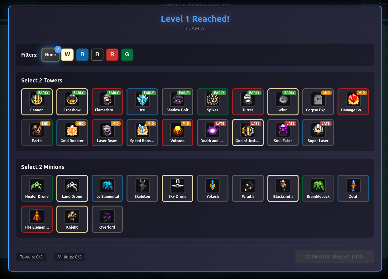 Minion and tower selection screen
